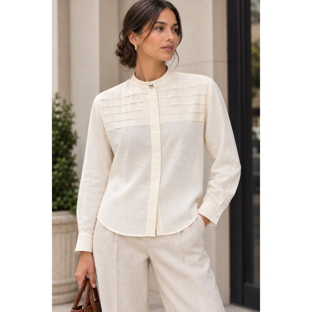 Sandro Paris Cream Pleated Bib Blouse Pearl-Accented Gold-Tone Logo Button Sz 1